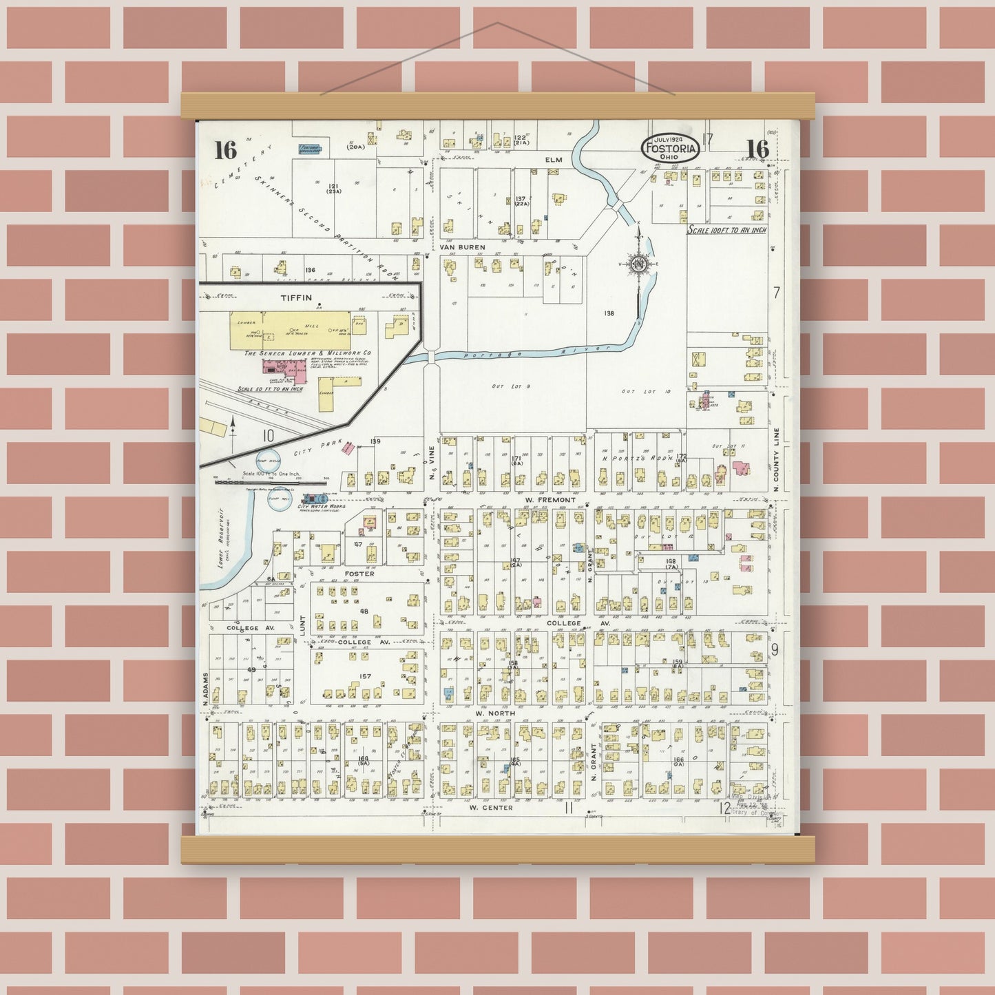 Old map wall art mockup — magnetic wood frame on brick wall — Sanborn Fire Insurance Map from Fostoria, Seneca, Hancock, And Wood Counties, Ohio (1924), Sheet #0016