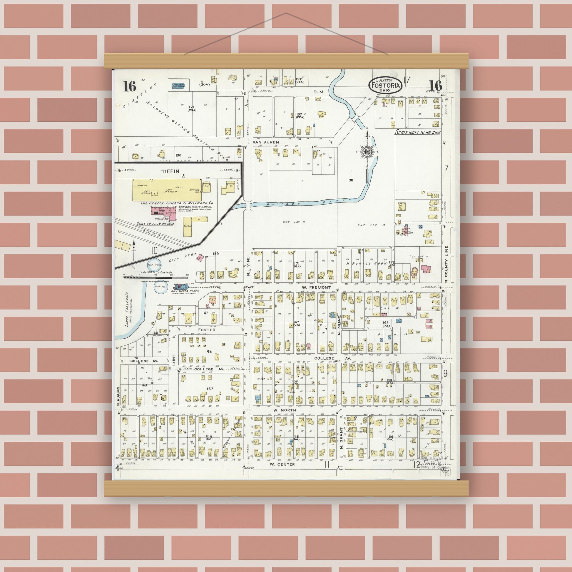 Old map wall art mockup — magnetic wood frame on brick wall — Sanborn Fire Insurance Map from Fostoria, Seneca, Hancock, And Wood Counties, Ohio (1924), Sheet #0016