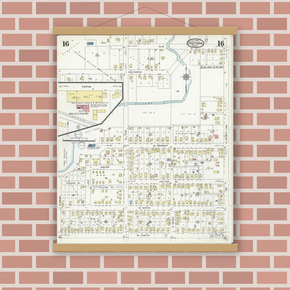 Old map wall art mockup — magnetic wood frame on brick wall — Sanborn Fire Insurance Map from Fostoria, Seneca, Hancock, And Wood Counties, Ohio (1924), Sheet #0016