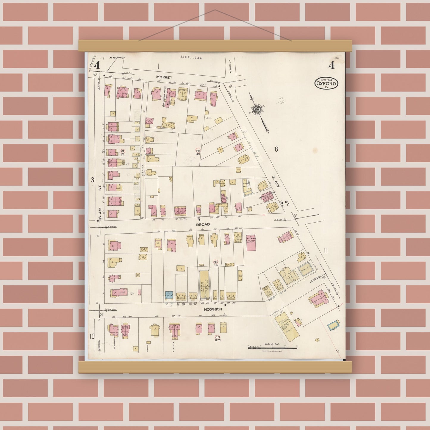 Old map wall art mockup — magnetic wood frame on brick wall — Sanborn Fire Insurance Map from Oxford, Chester County, Pennsylvania (1940), Sheet #0004