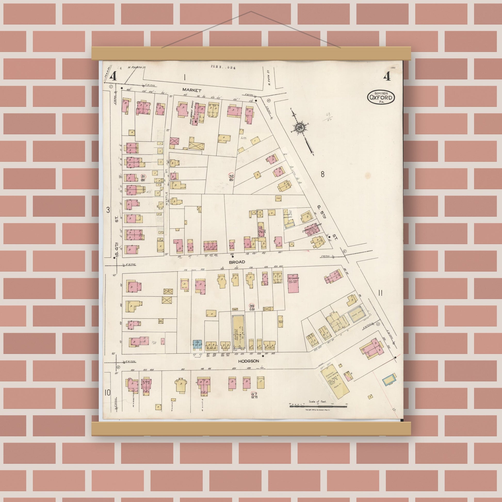 Old map wall art mockup — magnetic wood frame on brick wall — Sanborn Fire Insurance Map from Oxford, Chester County, Pennsylvania (1940), Sheet #0004