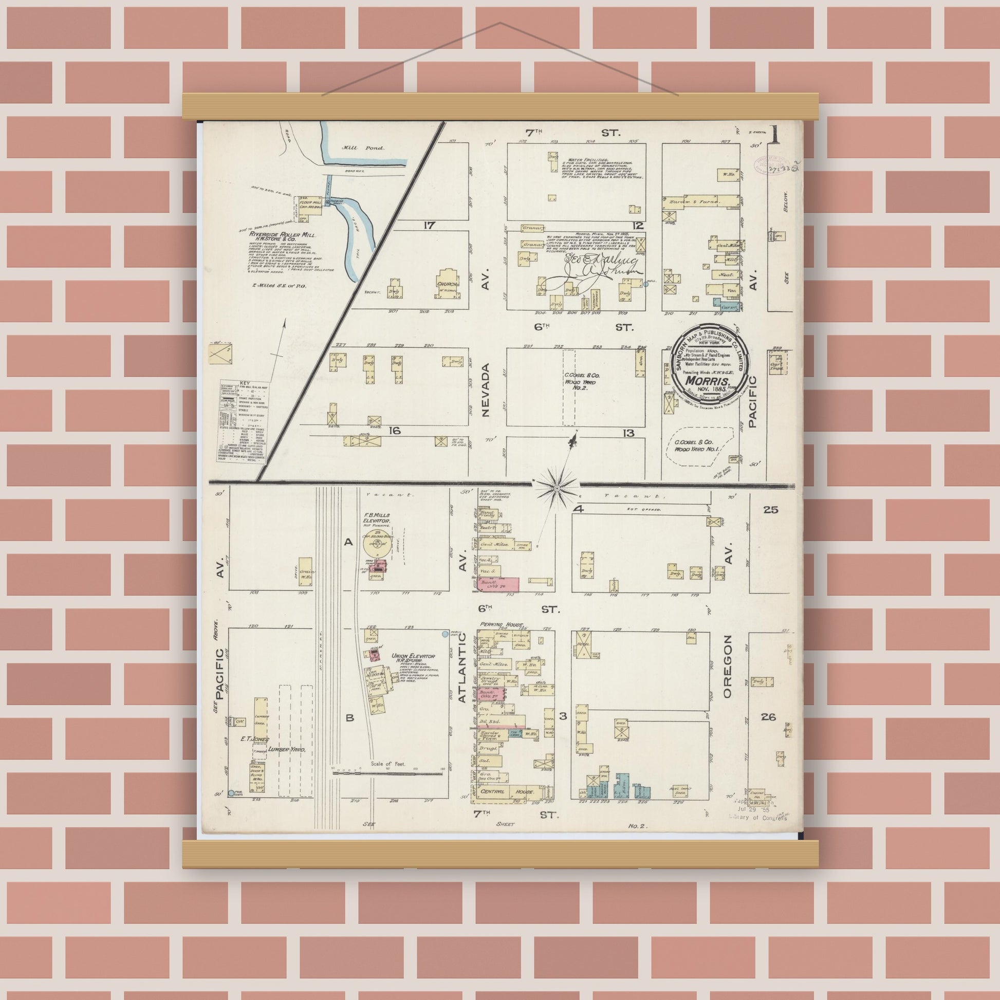Old map wall art mockup — magnetic wood frame on brick wall — Sanborn Fire Insurance Map from Morris, Stevens County, Minnesota (1885), Sheet #0001