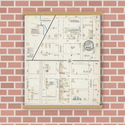 Old map wall art mockup — magnetic wood frame on brick wall — Sanborn Fire Insurance Map from Morris, Stevens County, Minnesota (1885), Sheet #0001