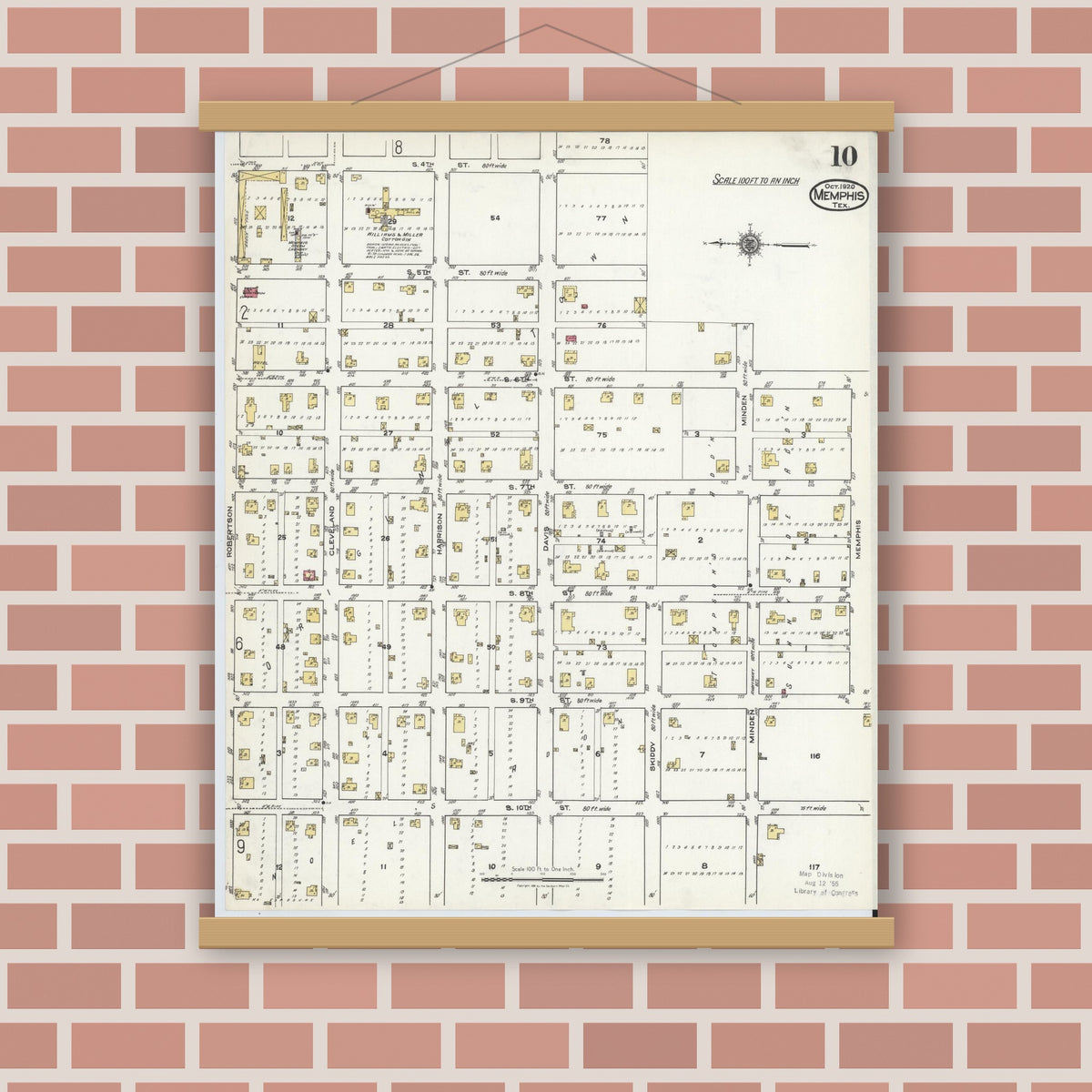 Old map wall art mockup — magnetic wood frame on brick wall — Sanborn Fire Insurance Map from Memphis, Hall County, Texas (1920), Sheet #0010