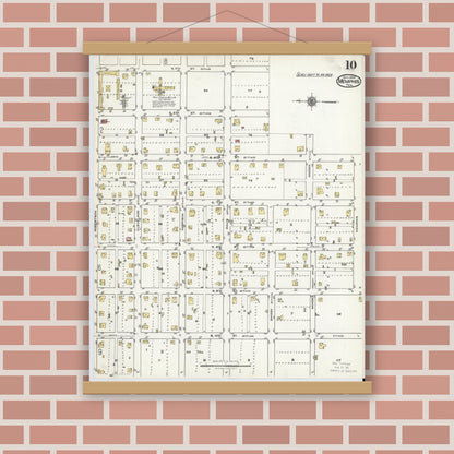 Old map wall art mockup — magnetic wood frame on brick wall — Sanborn Fire Insurance Map from Memphis, Hall County, Texas (1920), Sheet #0010
