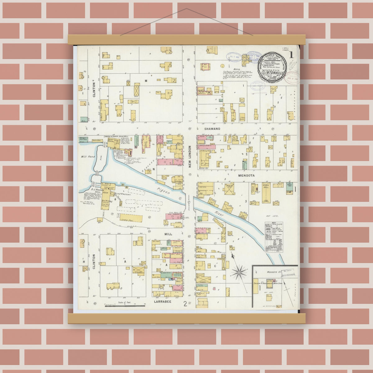 Old map wall art mockup — magnetic wood frame on brick wall — Sanborn Fire Insurance Map from Clintonville, Waupaca County, Wisconsin (1898), Sheet #0001