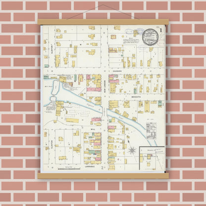 Old map wall art mockup — magnetic wood frame on brick wall — Sanborn Fire Insurance Map from Clintonville, Waupaca County, Wisconsin (1898), Sheet #0001