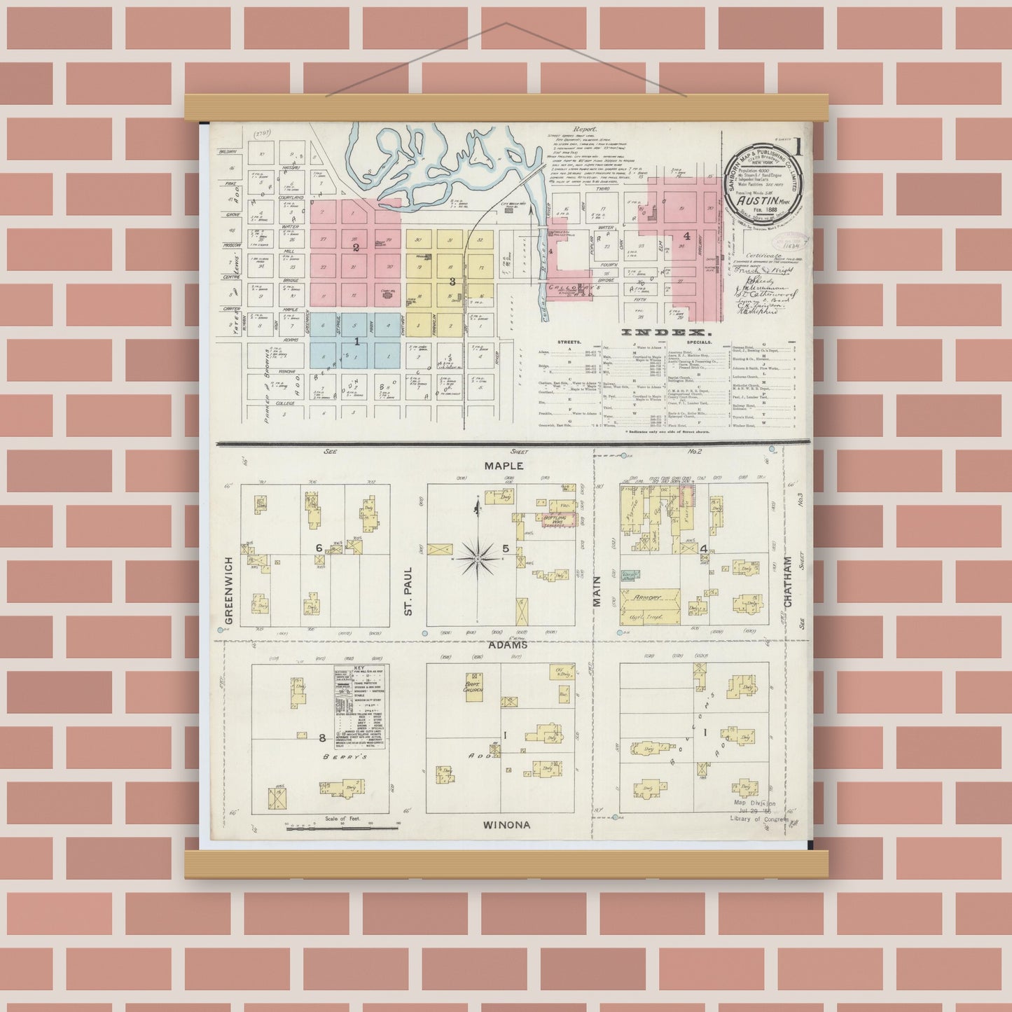 Old map wall art mockup — magnetic wood frame on brick wall — Sanborn Fire Insurance Map from Austin, Mower County, Minnesota (1888) - Complete Map Set