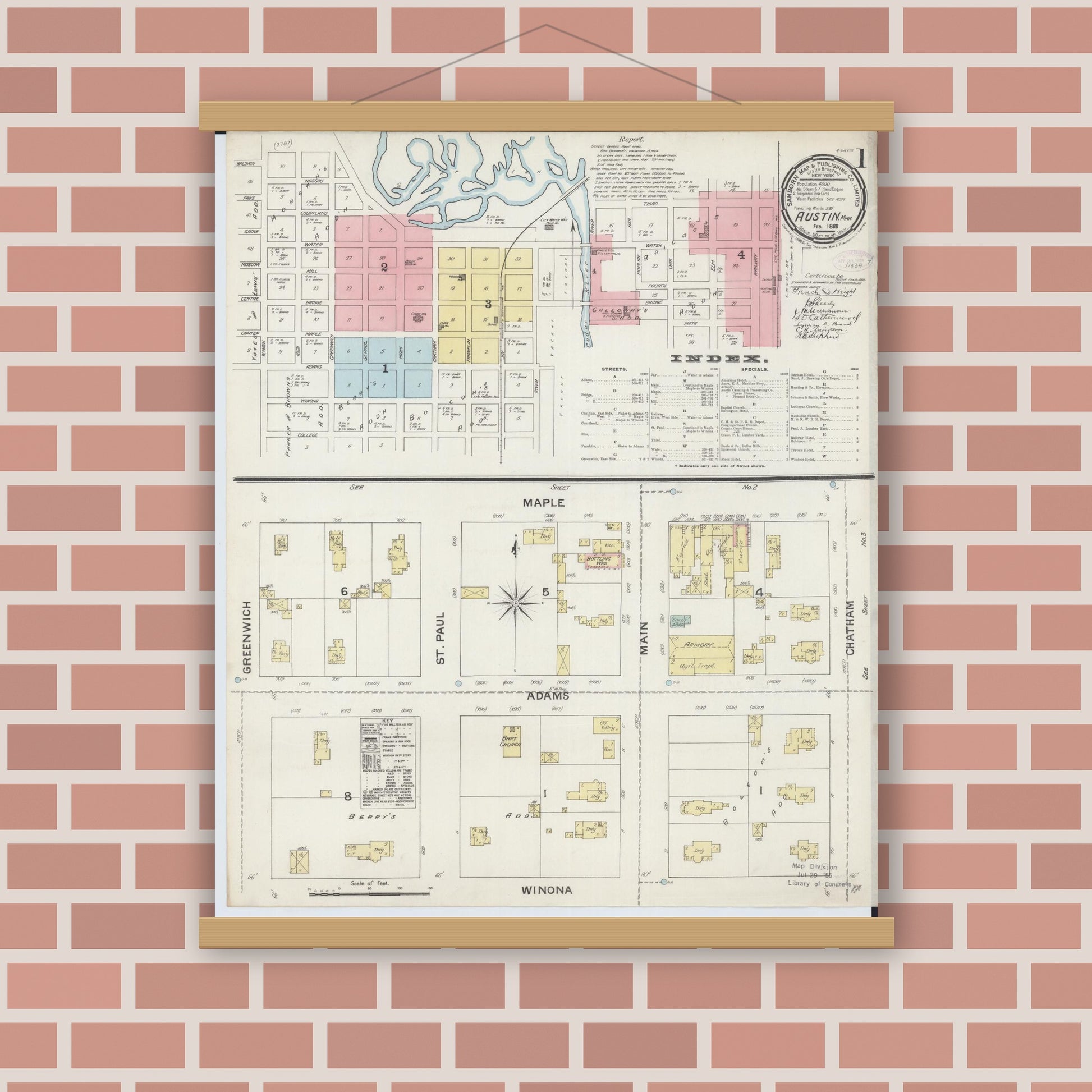 Old map wall art mockup — magnetic wood frame on brick wall — Sanborn Fire Insurance Map from Austin, Mower County, Minnesota (1888) - Complete Map Set