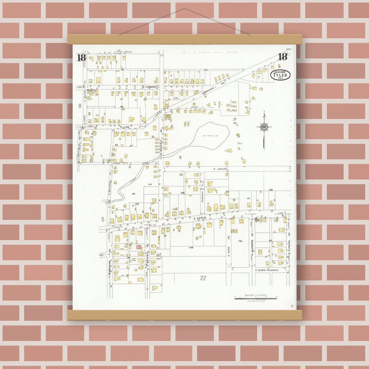 Old map wall art mockup — magnetic wood frame on brick wall — Sanborn Fire Insurance Map from Tyler, Smith County, Texas (1928), Sheet #0018