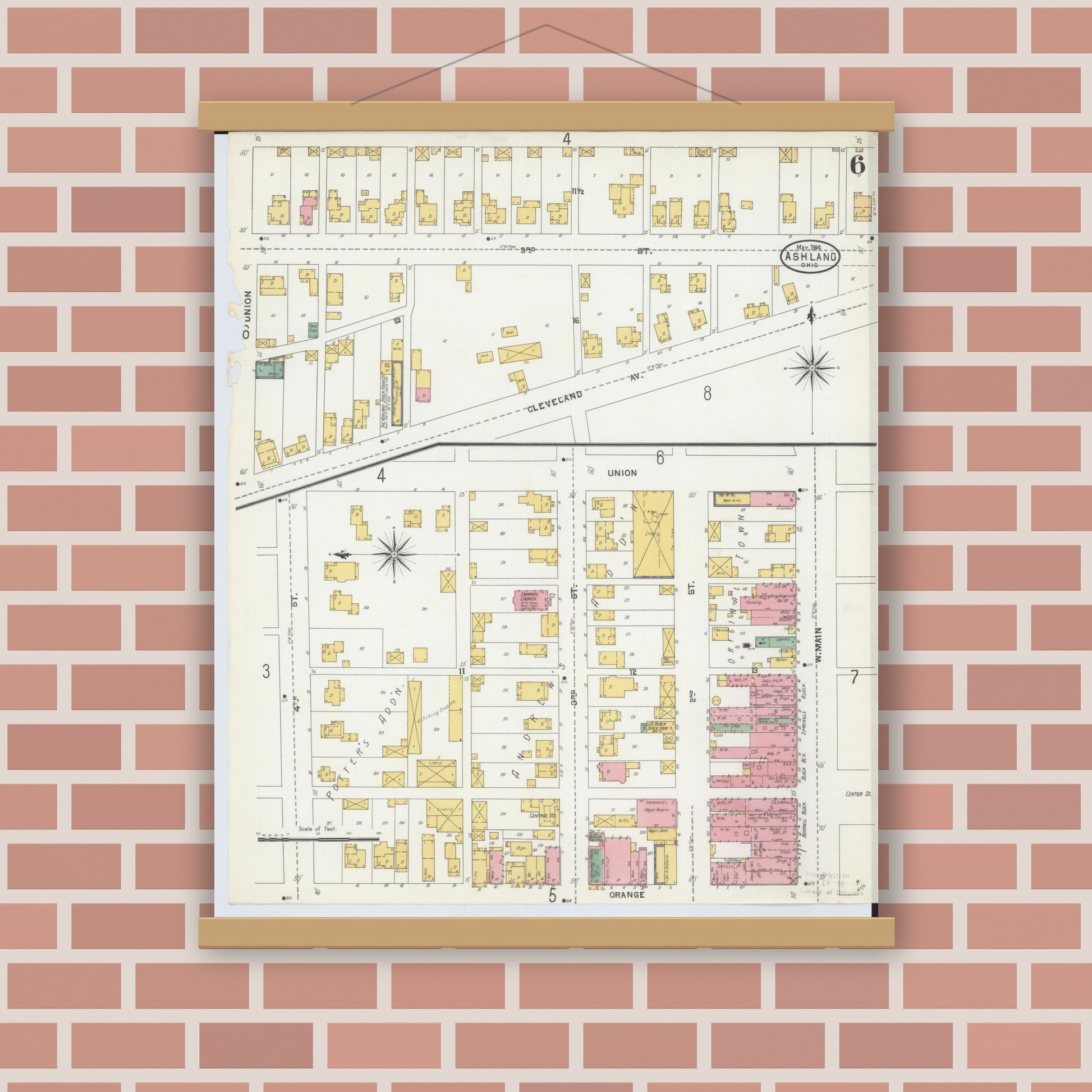 Old map wall art mockup — magnetic wood frame on brick wall — Sanborn Fire Insurance Map from Ashland, Ashland County, Ohio (1904), Sheet #0006
