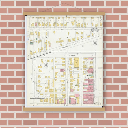 Old map wall art mockup — magnetic wood frame on brick wall — Sanborn Fire Insurance Map from Ashland, Ashland County, Ohio (1904), Sheet #0006