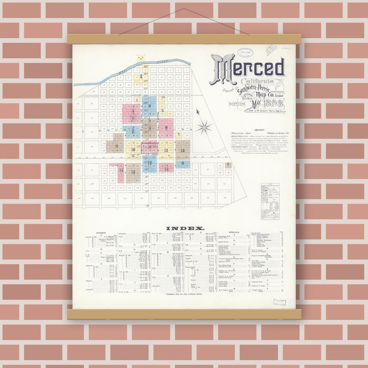 Old map wall art mockup — magnetic wood frame on brick wall — Sanborn Fire Insurance Map from Merced, Merced County, California (1898) - Complete Map Set