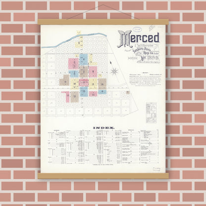 Old map wall art mockup — magnetic wood frame on brick wall — Sanborn Fire Insurance Map from Merced, Merced County, California (1898) - Complete Map Set