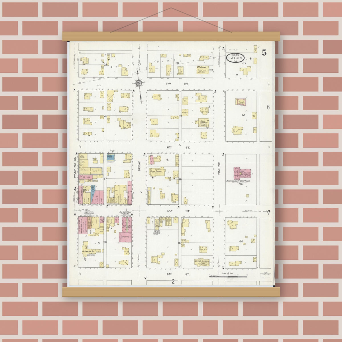 Old map wall art mockup — magnetic wood frame on brick wall — Sanborn Fire Insurance Map from Lacon, Marshall County, Illinois (1913), Sheet #0005