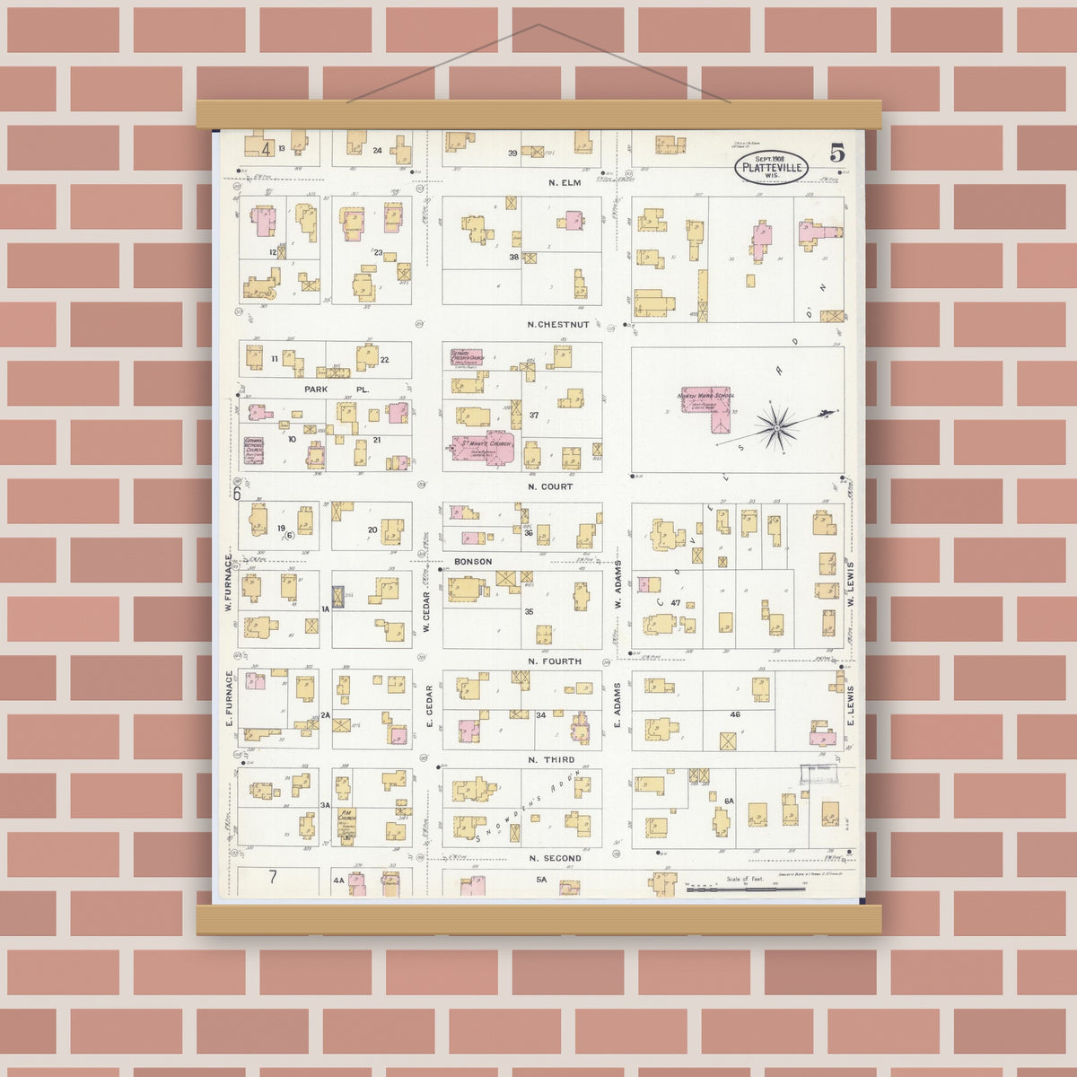 Old map wall art mockup — magnetic wood frame on brick wall — Sanborn Fire Insurance Map from Platteville, Grant County, Wisconsin (1908), Sheet #0005