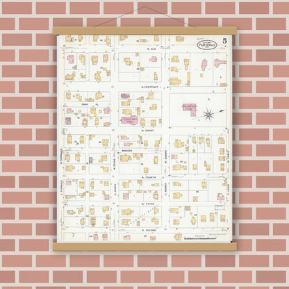Old map wall art mockup — magnetic wood frame on brick wall — Sanborn Fire Insurance Map from Platteville, Grant County, Wisconsin (1908), Sheet #0005