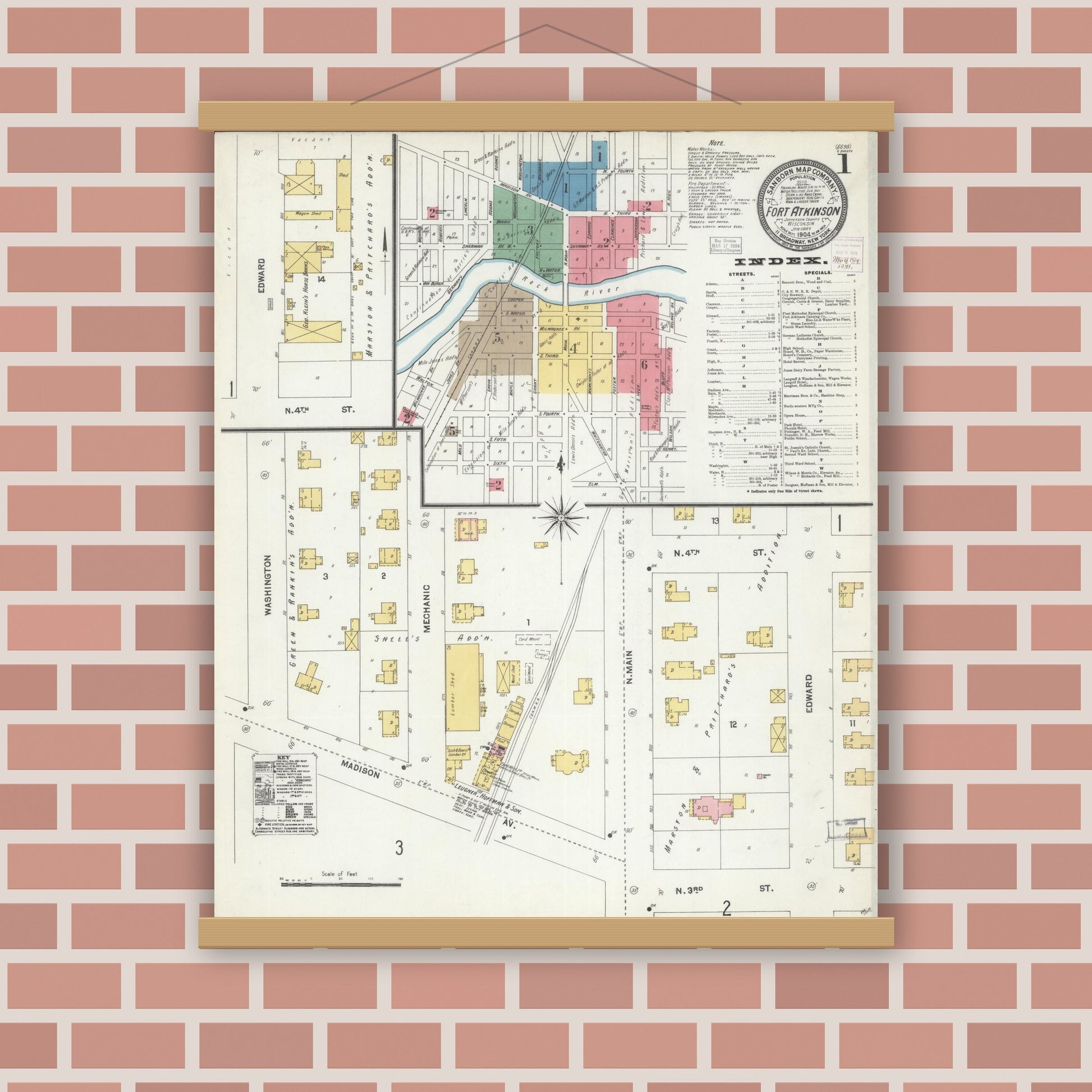 Old map wall art mockup — magnetic wood frame on brick wall — Sanborn Fire Insurance Map from Fort Atkinson, Jefferson County, Wisconsin (1904), Sheet #0001