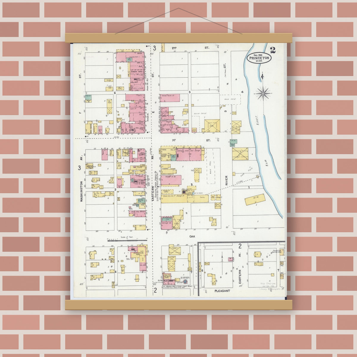 Old map wall art mockup — magnetic wood frame on brick wall — Sanborn Fire Insurance Map from Princeton, Mille Lacs County, Minnesota (1904), Sheet #0002
