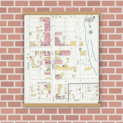 Old map wall art mockup — magnetic wood frame on brick wall — Sanborn Fire Insurance Map from Princeton, Mille Lacs County, Minnesota (1904), Sheet #0002