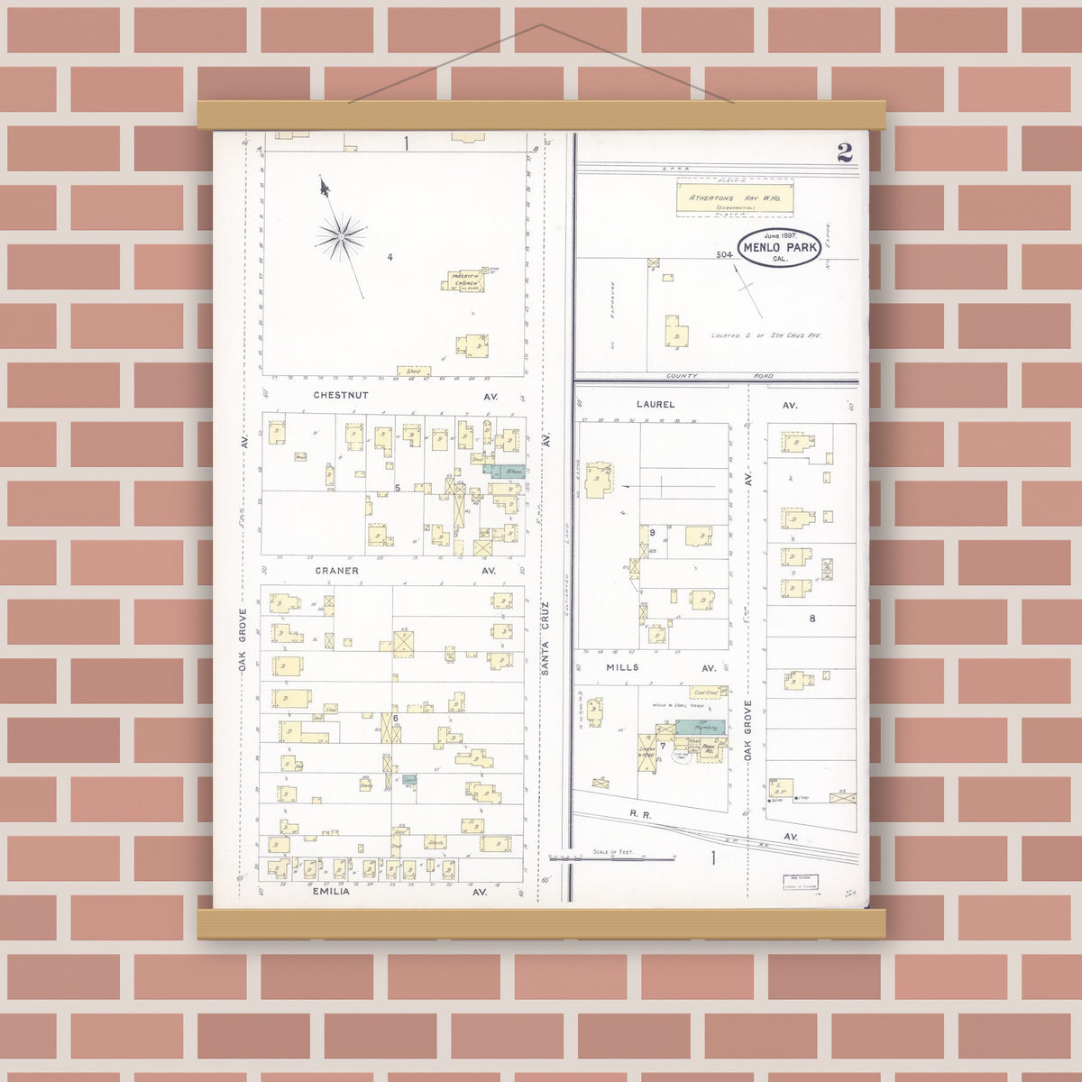Old map wall art mockup — magnetic wood frame on brick wall — Sanborn Fire Insurance Map from Menlo Park, San Mateo County, California (1897), Sheet #0002