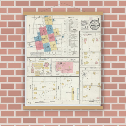 Old map wall art mockup — magnetic wood frame on brick wall — Sanborn Fire Insurance Map from Wauseon, Fulton County, Ohio (1905), Sheet #0001