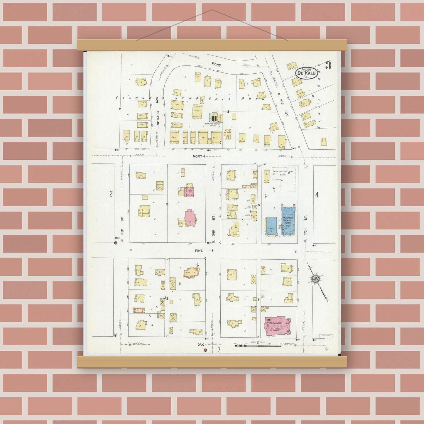 Old map wall art mockup — magnetic wood frame on brick wall — Sanborn Fire Insurance Map from De Kalb, De Kalb County, Illinois (1912), Sheet #0003