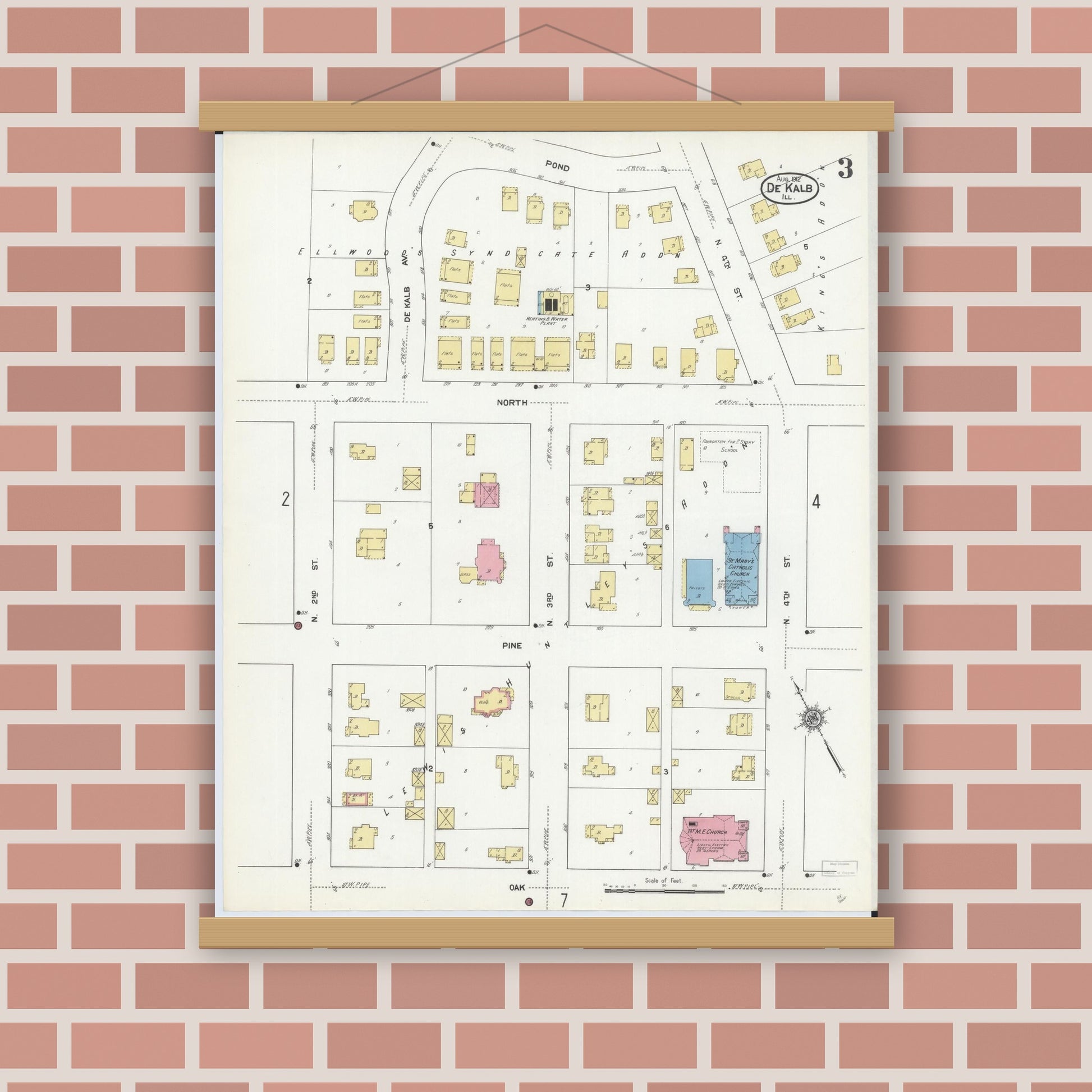 Old map wall art mockup — magnetic wood frame on brick wall — Sanborn Fire Insurance Map from De Kalb, De Kalb County, Illinois (1912), Sheet #0003