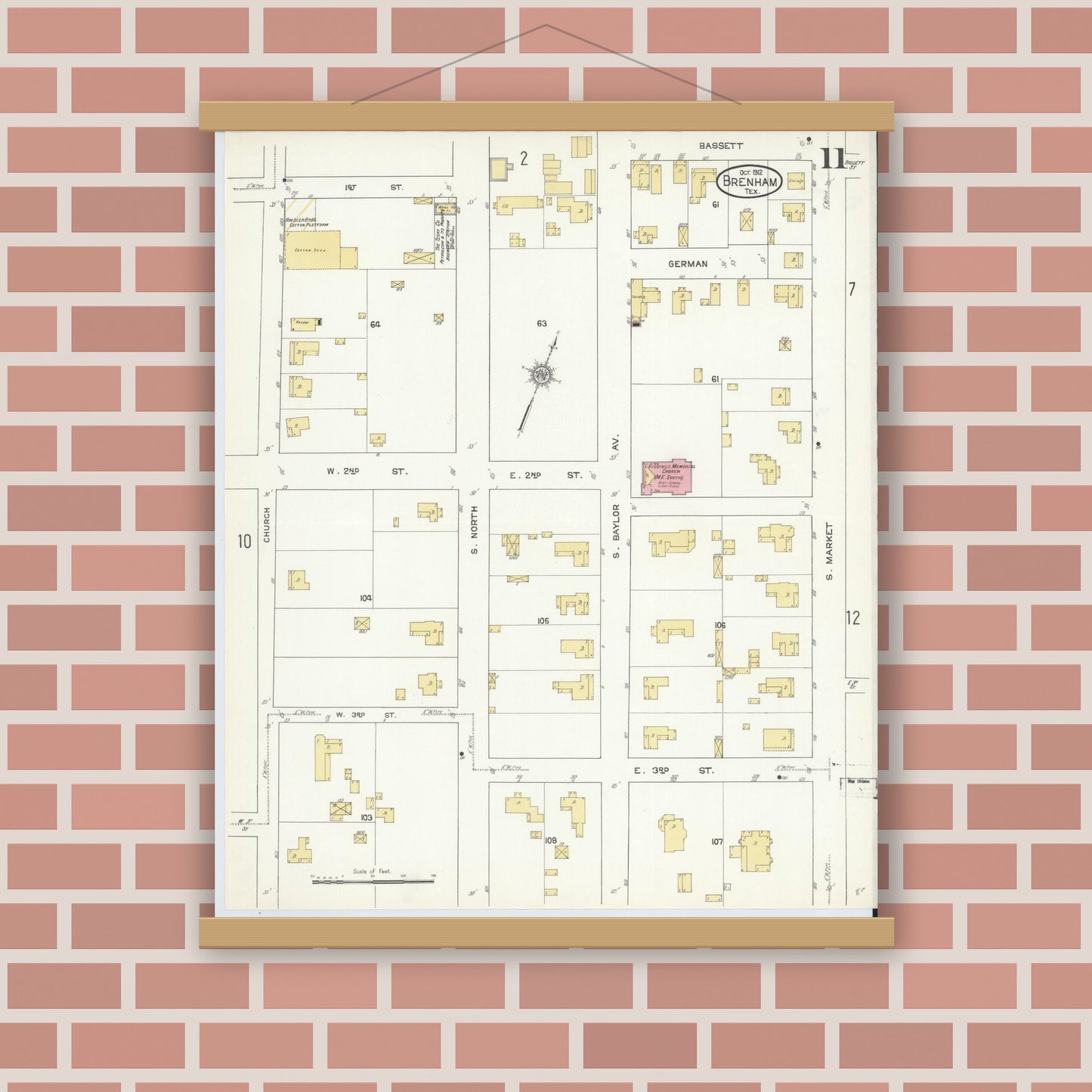 Old map wall art mockup — magnetic wood frame on brick wall — Sanborn Fire Insurance Map from Brenham, Washington County, Texas (1912), Sheet #0011