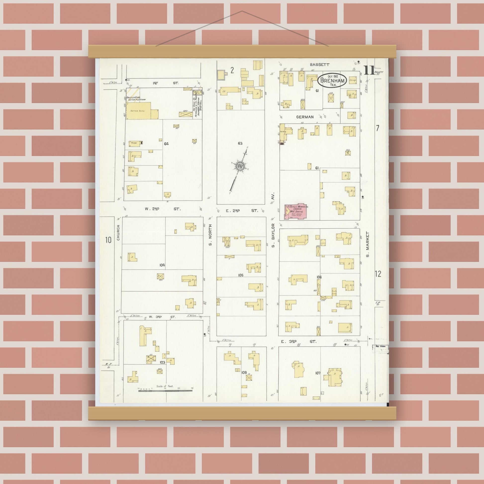 Old map wall art mockup — magnetic wood frame on brick wall — Sanborn Fire Insurance Map from Brenham, Washington County, Texas (1912), Sheet #0011