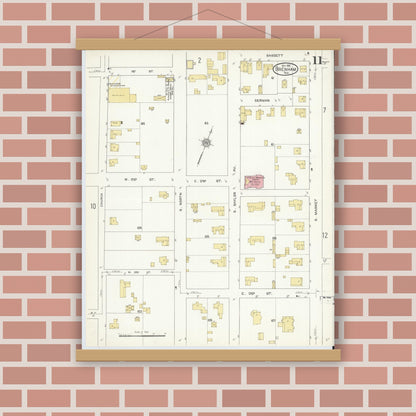 Old map wall art mockup — magnetic wood frame on brick wall — Sanborn Fire Insurance Map from Brenham, Washington County, Texas (1912), Sheet #0011