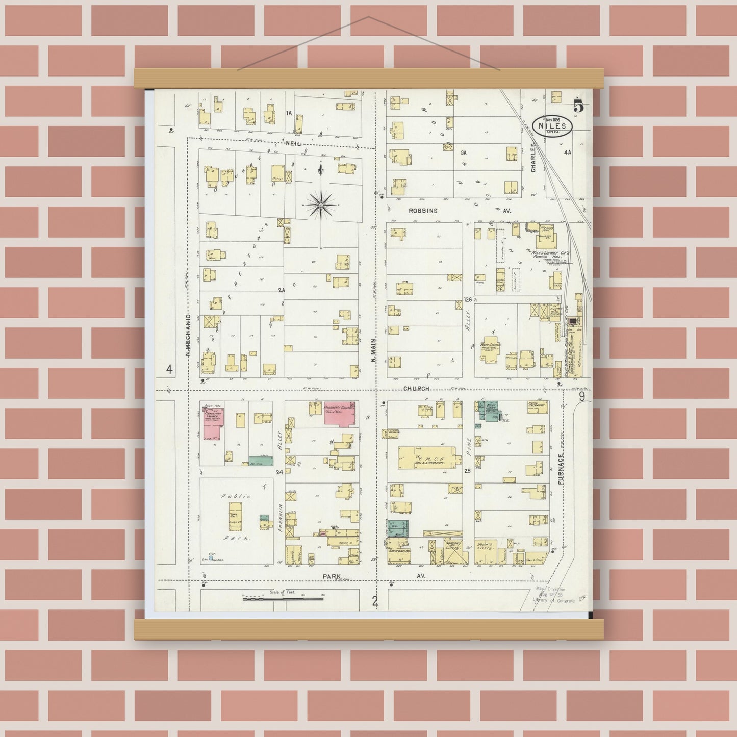 Old map wall art mockup — magnetic wood frame on brick wall — Sanborn Fire Insurance Map from Niles, Trumbull County, Ohio (1898), Sheet #0005