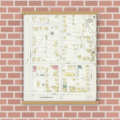 Old map wall art mockup — magnetic wood frame on brick wall — Sanborn Fire Insurance Map from Niles, Trumbull County, Ohio (1898), Sheet #0005