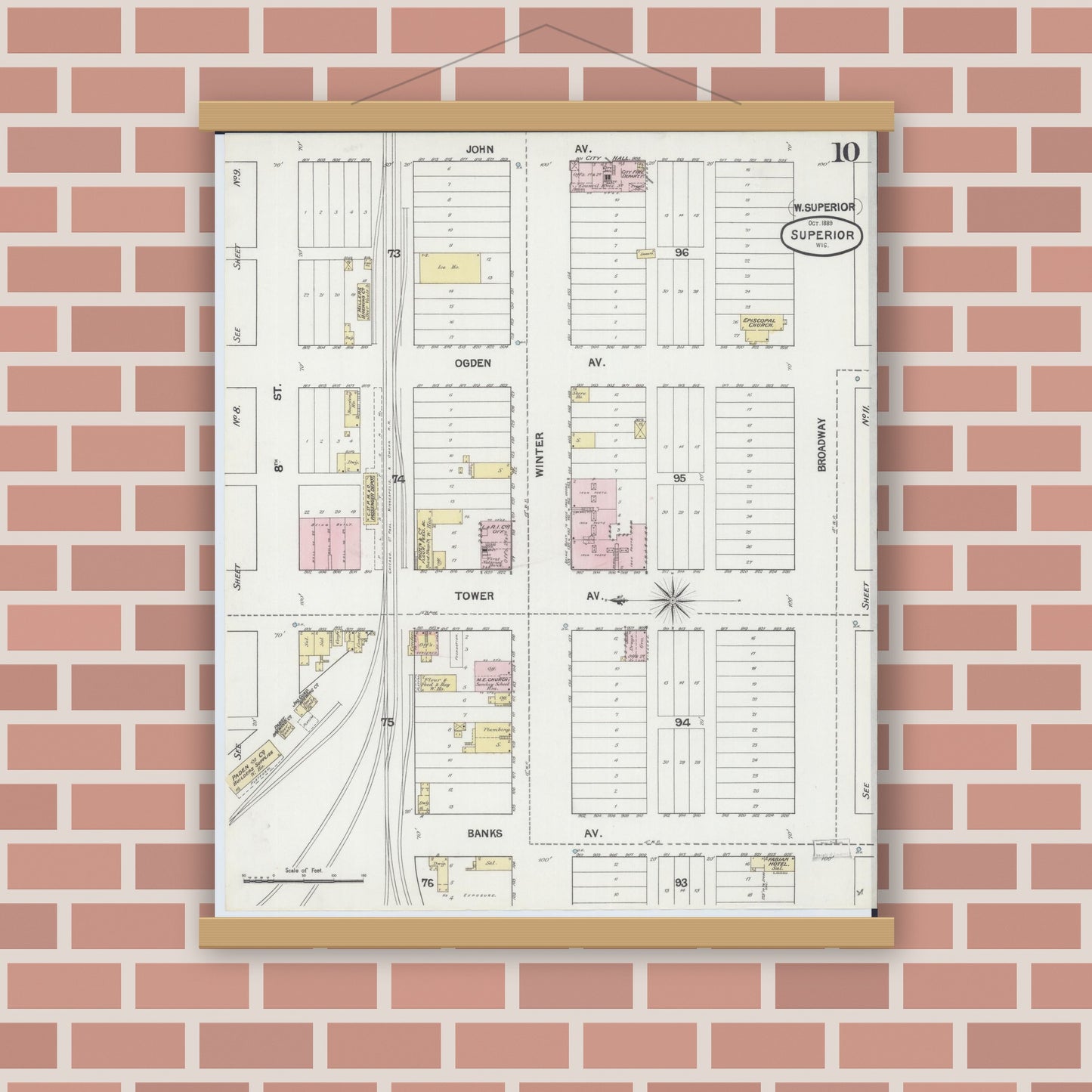 Old map wall art mockup — magnetic wood frame on brick wall — Sanborn Fire Insurance Map from Superior, Douglas County, Wisconsin (1889), Sheet #0010