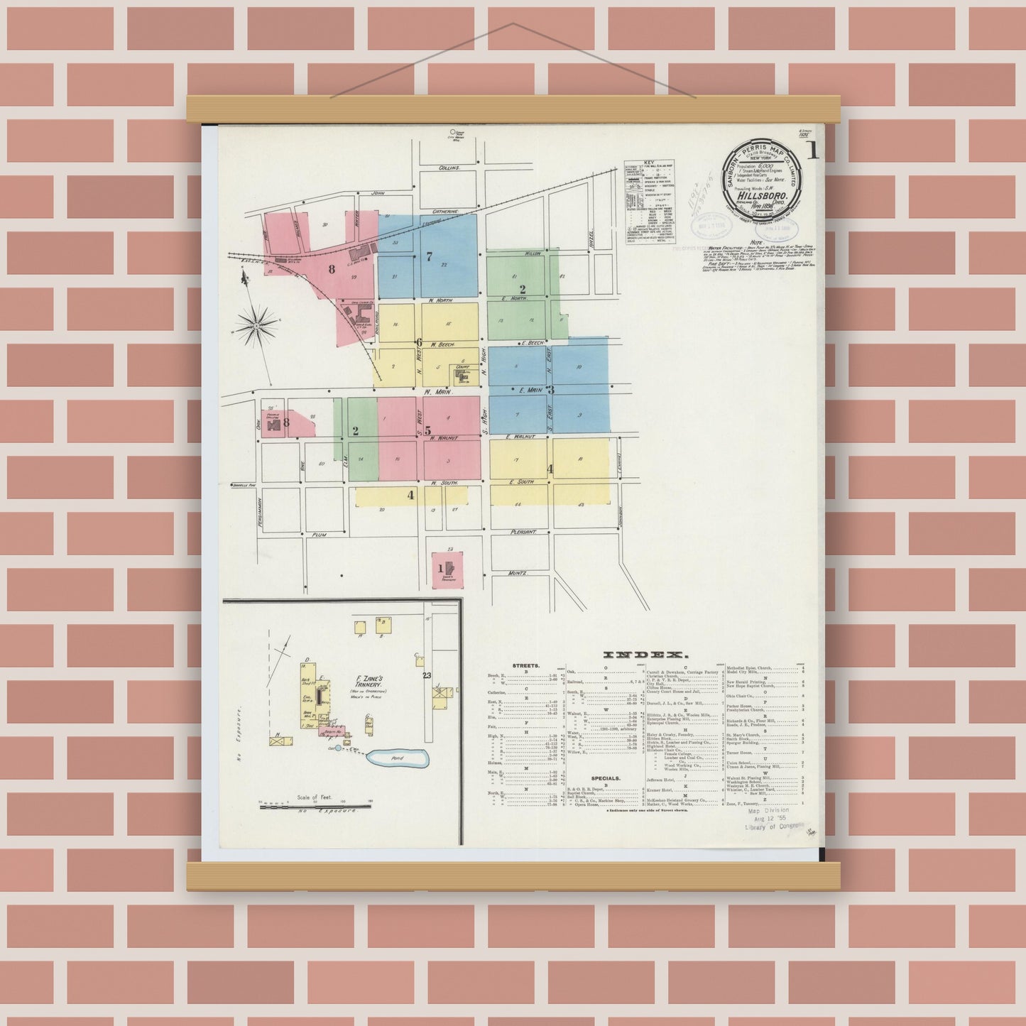Old map wall art mockup — magnetic wood frame on brick wall — Sanborn Fire Insurance Map from Hillsboro, Highland County, Ohio (1898), Sheet #0001