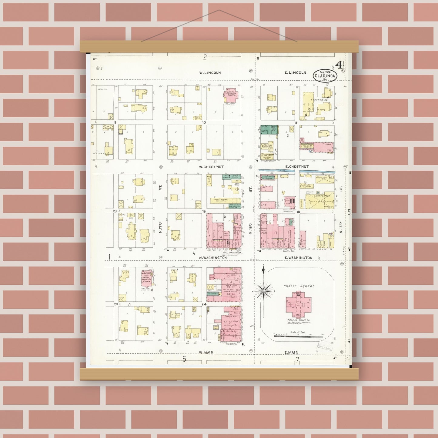 Old map wall art mockup — magnetic wood frame on brick wall — Sanborn Fire Insurance Map from Clarinda, Page County, Iowa (1906), Sheet #0004
