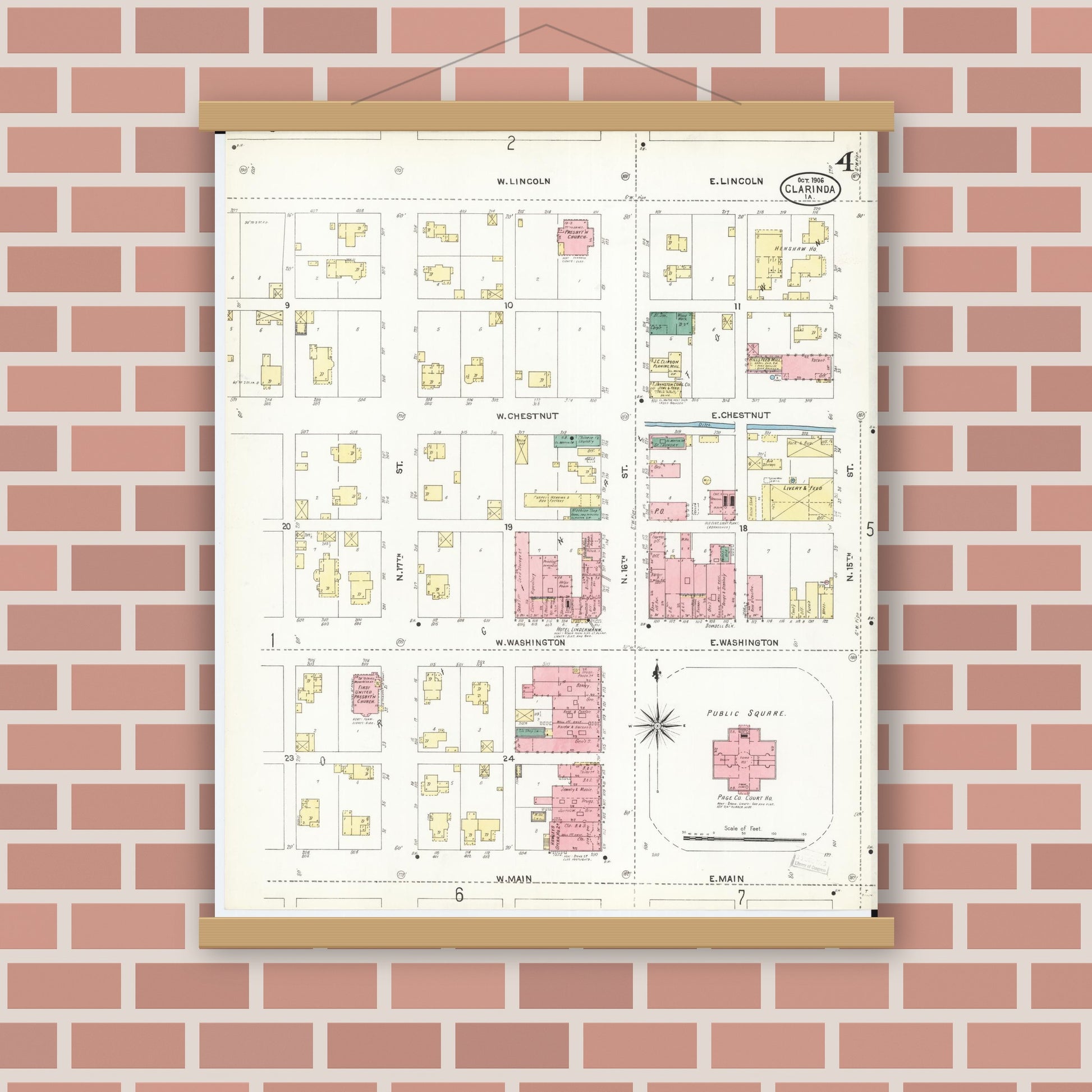 Old map wall art mockup — magnetic wood frame on brick wall — Sanborn Fire Insurance Map from Clarinda, Page County, Iowa (1906), Sheet #0004