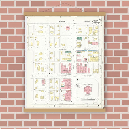 Old map wall art mockup — magnetic wood frame on brick wall — Sanborn Fire Insurance Map from Clarinda, Page County, Iowa (1906), Sheet #0004