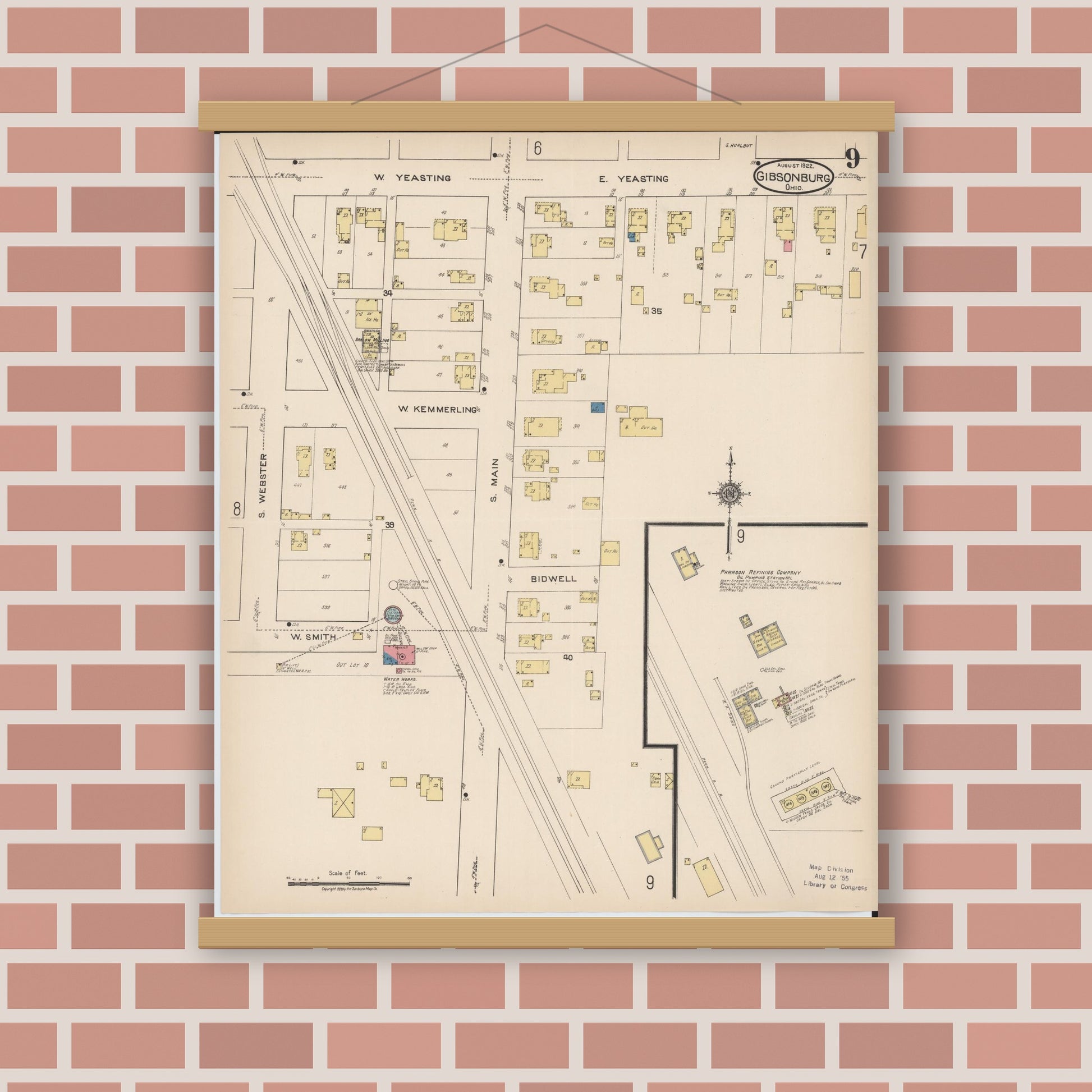 Old map wall art mockup — magnetic wood frame on brick wall — Sanborn Fire Insurance Map from Gibsonburg, Sandusky County, Ohio (1922), Sheet #0009