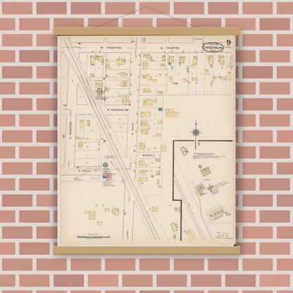 Old map wall art mockup — magnetic wood frame on brick wall — Sanborn Fire Insurance Map from Gibsonburg, Sandusky County, Ohio (1922), Sheet #0009