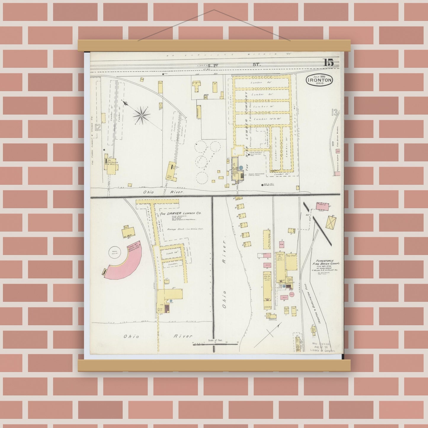 Old map wall art mockup — magnetic wood frame on brick wall — Sanborn Fire Insurance Map from Ironton, Lawrence County, Ohio (1893), Sheet #0015