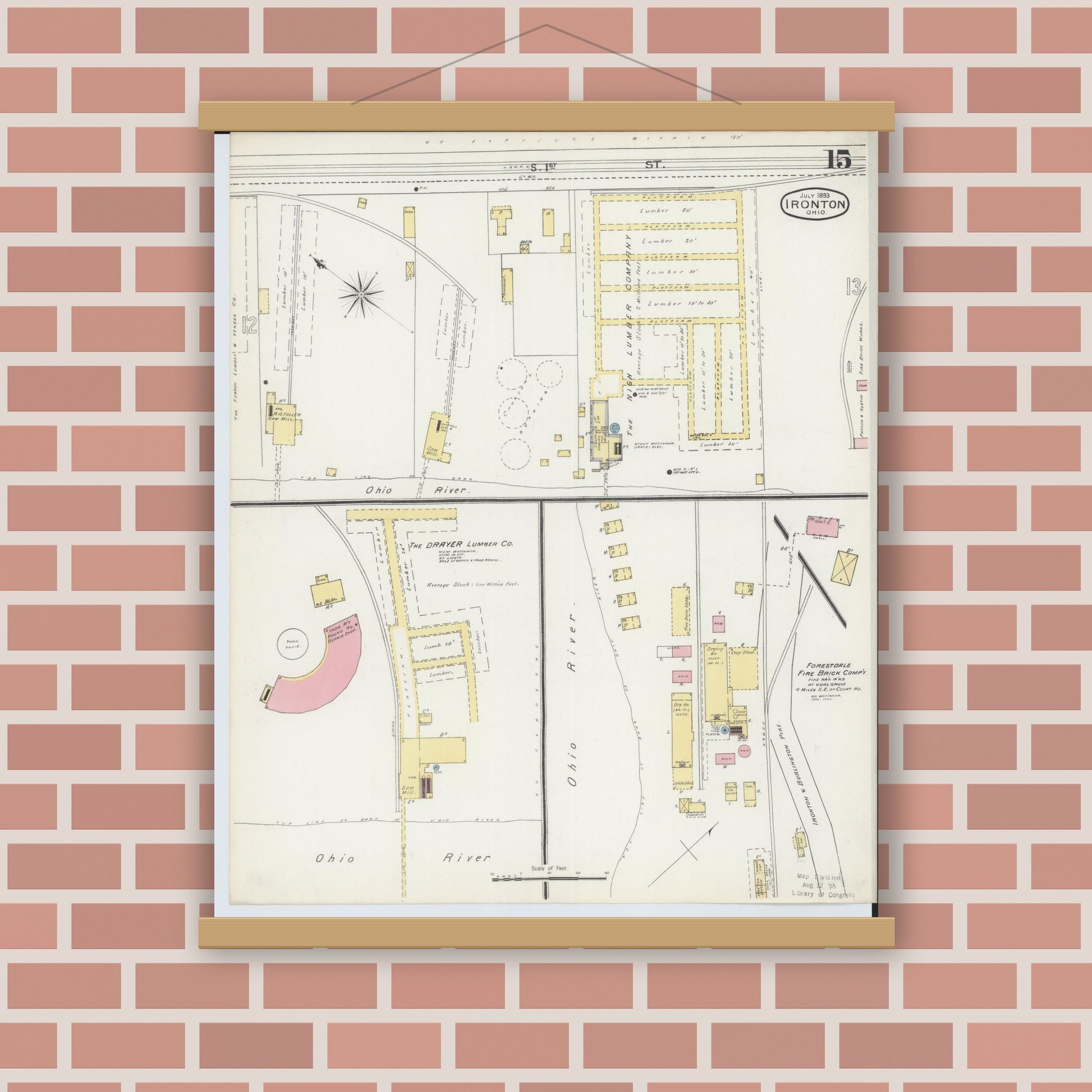 Old map wall art mockup — magnetic wood frame on brick wall — Sanborn Fire Insurance Map from Ironton, Lawrence County, Ohio (1893), Sheet #0015
