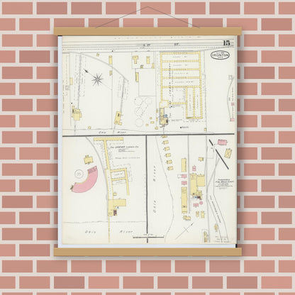 Old map wall art mockup — magnetic wood frame on brick wall — Sanborn Fire Insurance Map from Ironton, Lawrence County, Ohio (1893), Sheet #0015