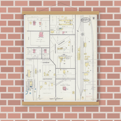 Old map wall art mockup — magnetic wood frame on brick wall — Sanborn Fire Insurance Map from Harrisonville, Cass County, Missouri (1892), Sheet #0002