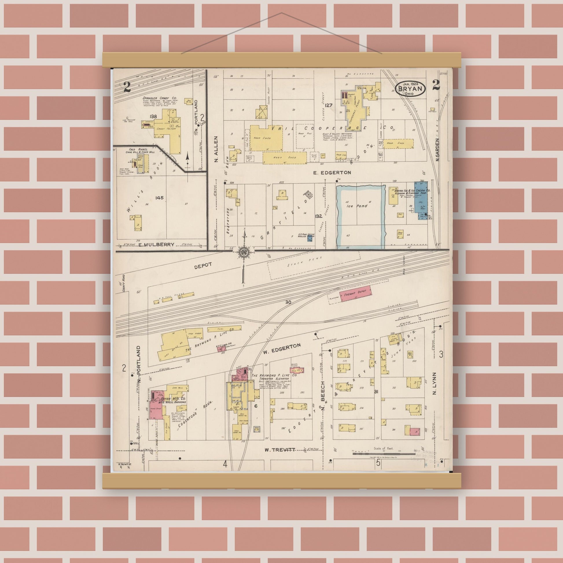 Old map wall art mockup — magnetic wood frame on brick wall — Sanborn Fire Insurance Map from Bryan, Williams County, Ohio (1923), Sheet #0002
