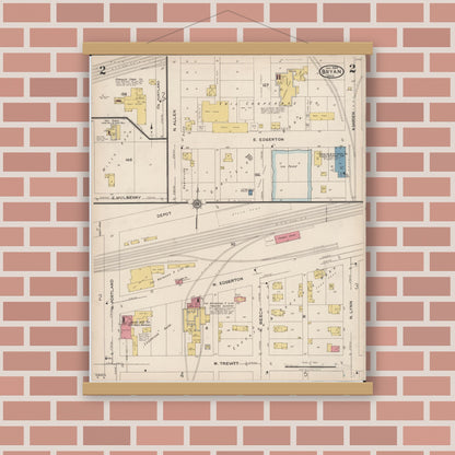 Old map wall art mockup — magnetic wood frame on brick wall — Sanborn Fire Insurance Map from Bryan, Williams County, Ohio (1923), Sheet #0002