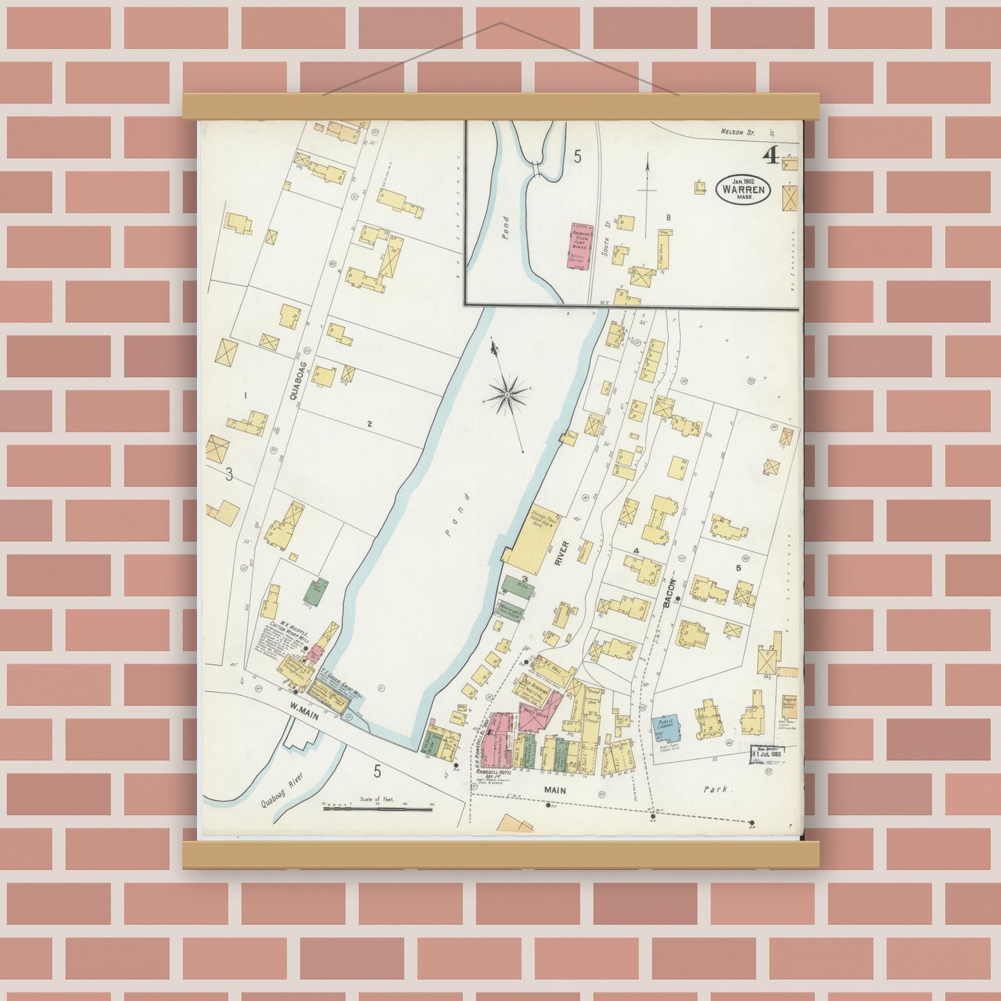 Old map wall art mockup — magnetic wood frame on brick wall — Sanborn Fire Insurance Map from Warren, Worcester County, Massachusetts (1902), Sheet #0004