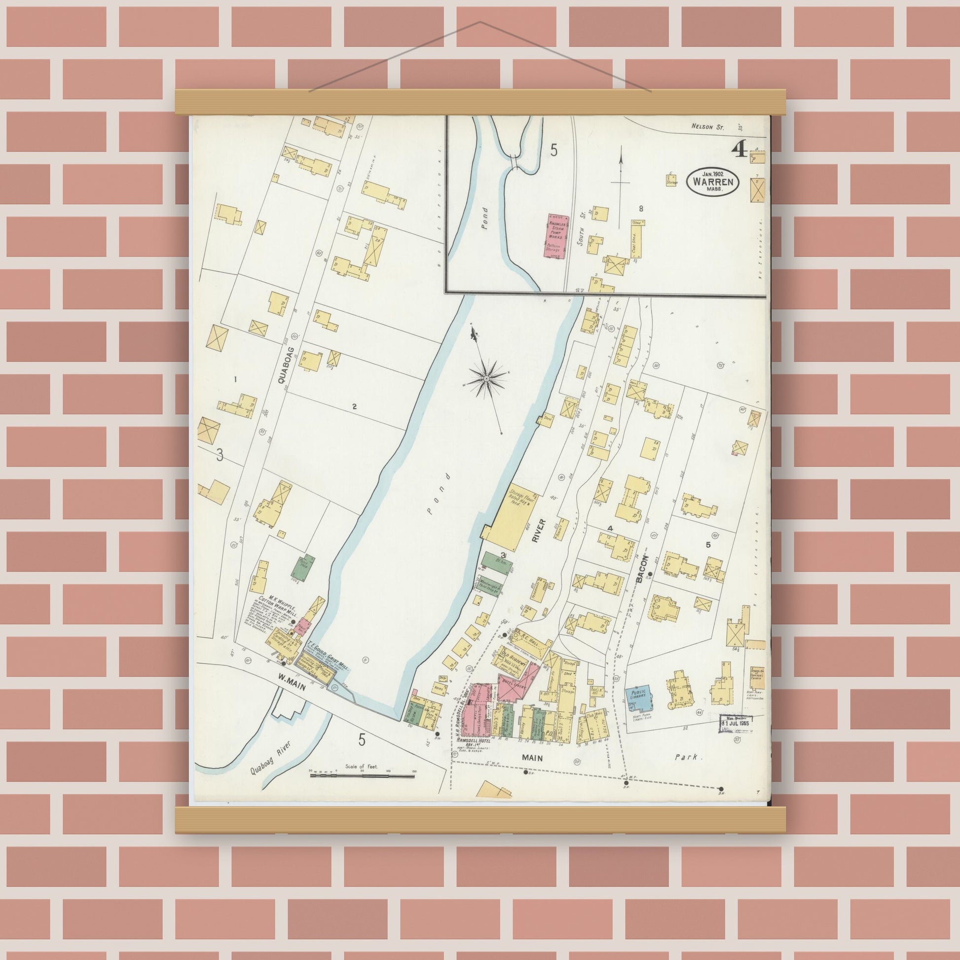 Old map wall art mockup — magnetic wood frame on brick wall — Sanborn Fire Insurance Map from Warren, Worcester County, Massachusetts (1902), Sheet #0004