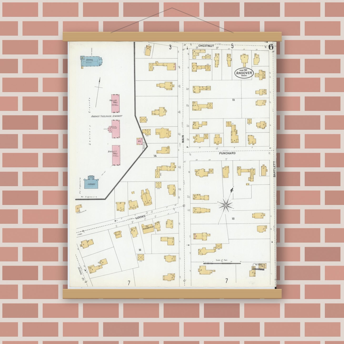 Old map wall art mockup — magnetic wood frame on brick wall — Sanborn Fire Insurance Map from Andover, Essex County, Massachusetts (1901), Sheet #0006