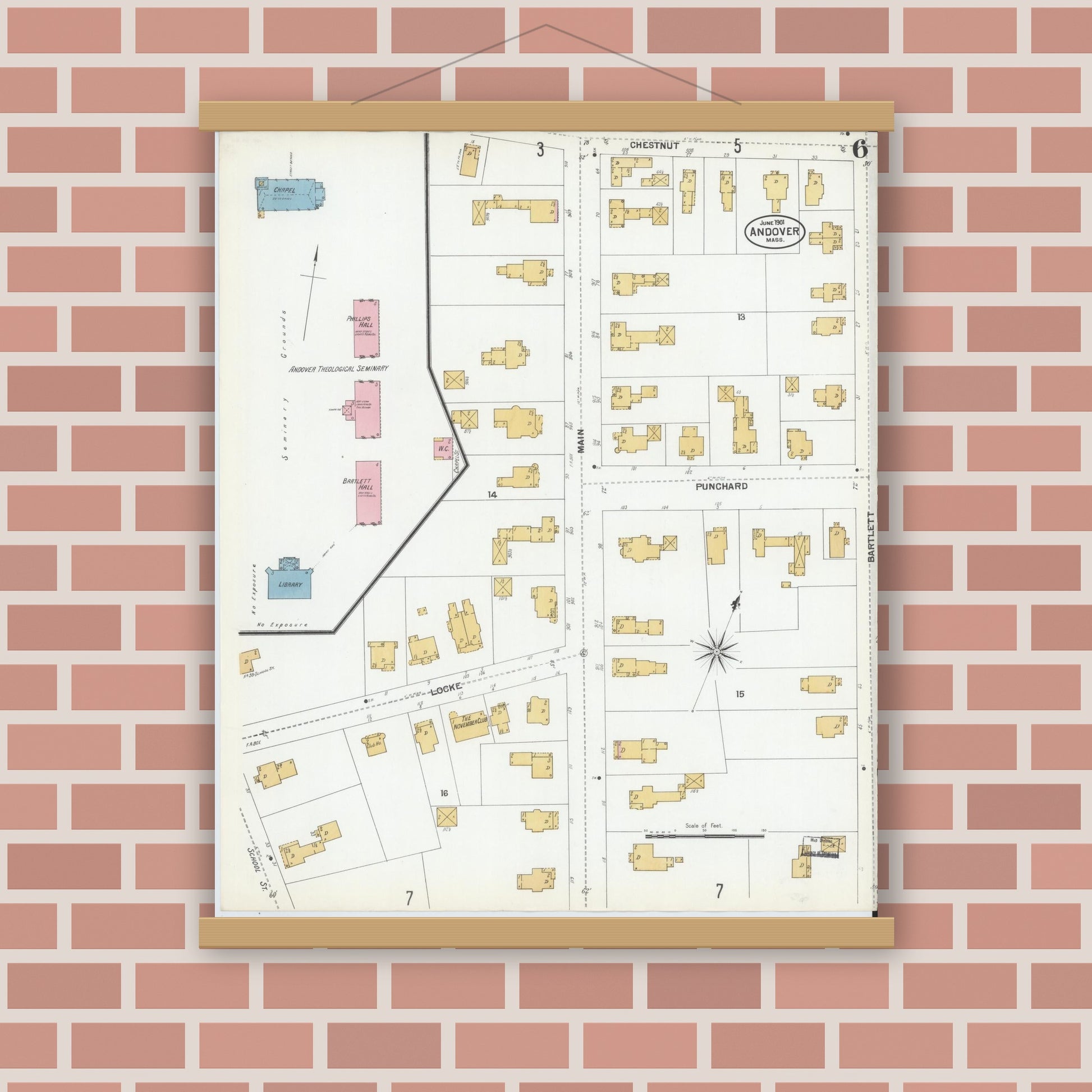 Old map wall art mockup — magnetic wood frame on brick wall — Sanborn Fire Insurance Map from Andover, Essex County, Massachusetts (1901), Sheet #0006